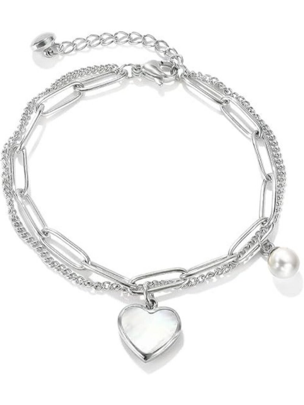 Silver 2 Heart Bracelet Stainless Steel 18K Gold Plated